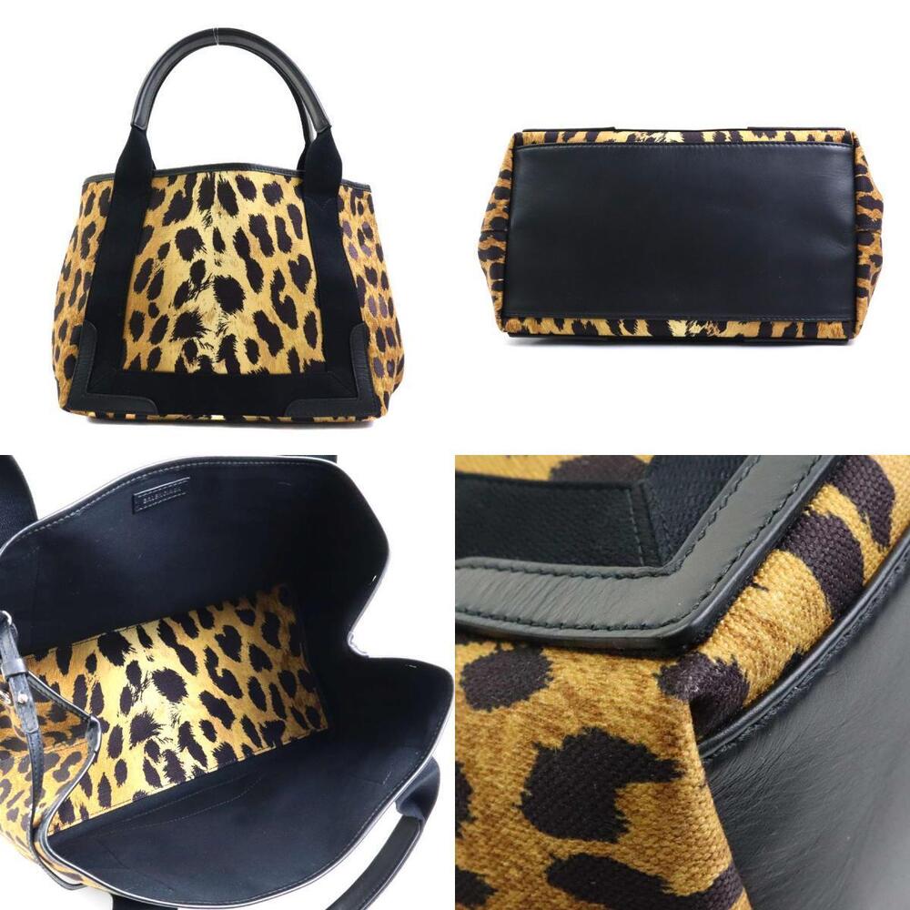 Balenciaga Leopard Leather Cabas Bag Tote Navy Canvas Blue Black Brown Shoulder - Picture 3 of 4